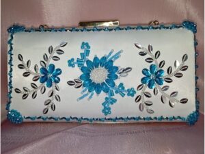 White fancy clutch for women with blue floral beadwork and silver leaf design, handmade wedding clutch purse 01RW