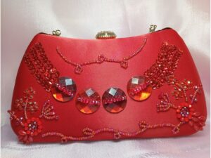 Red fancy clutch for women with large crystal stones, sequin embroidery and floral bead detailing