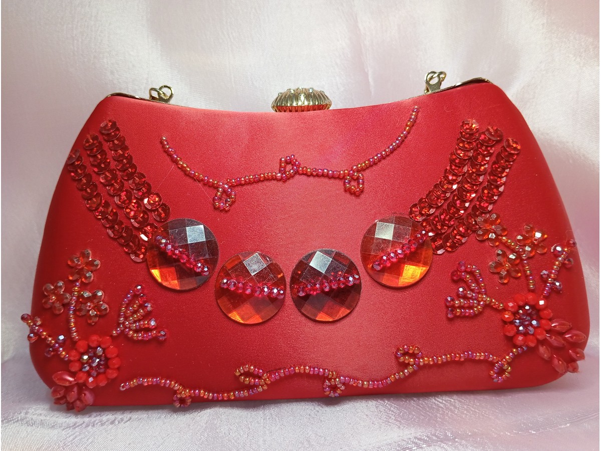 Red fancy clutch for women with large crystal stones, sequin embroidery and floral bead detailing