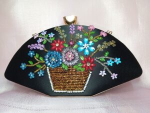 Black floral embellished clutch with colorful crystal flowers and gold bead basket design 03SB