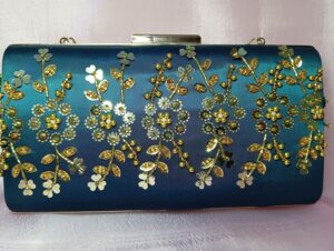 Teal gold clutch for women with floral hand embellishment and satin finish 01RT