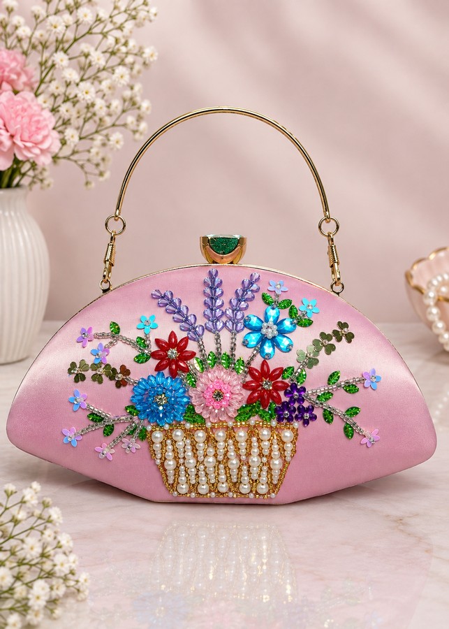 Front side of pink flower basket clutch