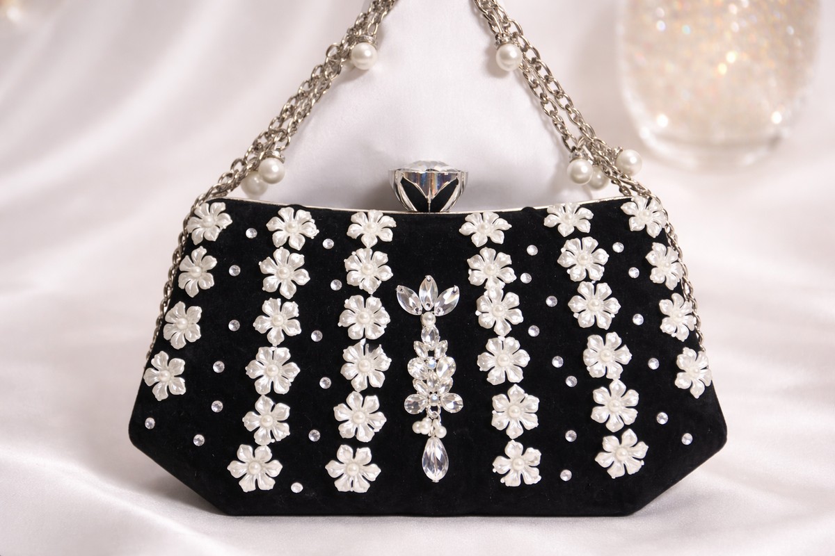 Black Pearls Chain Clutch - 01PB - Image 2