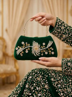 green velvet fancy clutch bag for women