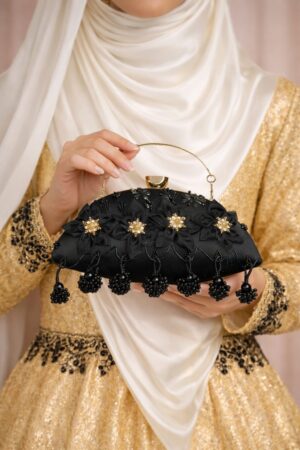 Elegant black party clutch with embellishments and organza flowers