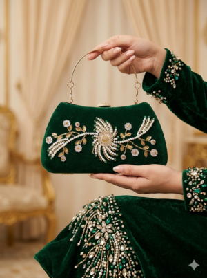 Green Velvet Fancy Clutch - 01BG