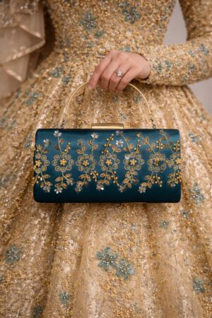 teal gold embroidered clutch for women by clutchrose pakistan