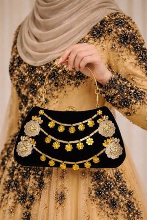 Black Golden Velvet Clutch - 01BB