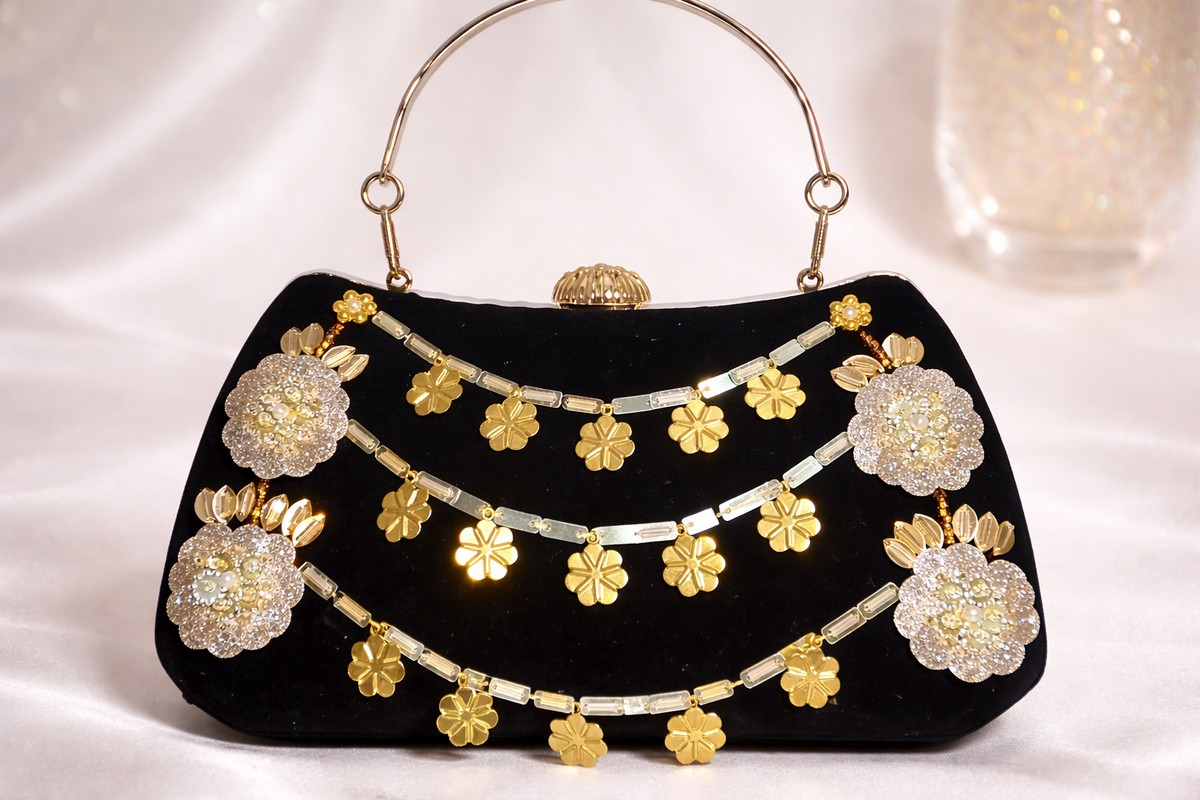 Black Golden Velvet Clutch - 01BB - Image 2