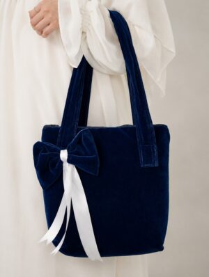 navy blue white bow velvet bag