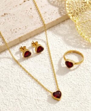 Heart Stone Necklace Set 3 pc - Maroon