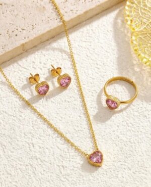 Heart stone necklace set 3 pc - pink